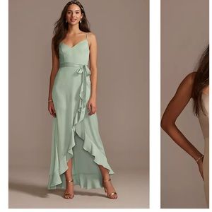 David’s Bridal spaghetti strap crepe ruffle bridesmaid dress